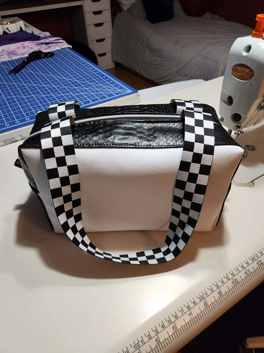 Black & White Checker Strap Cosmetic Bag